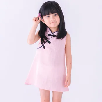 2019 Letné Baby Girl Šaty Klasický Čínsky Štýl Bez Rukávov Dieťa Dievčatá Cheongsam Šaty Bavlnená Posteľná Bielizeň Vintage Oblečenie