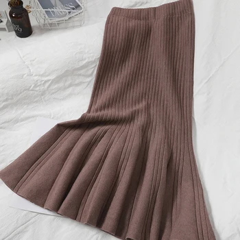 Teplé pletené elegantné prehrabať fishtail sukne jeseň zima nový kórejský taška hip jamy sukne Dámske pletené nad kolená-dĺžka sukne