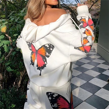 Motýľ Vytlačené Biely Zips Mikiny A Mikiny Pre Ženy Kpop Oblečenie 2021 Jeseň Nadrozmerné Hoodie