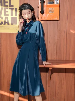 Žena Strednej Dĺžky Strán Šaty Francúzsky Estetické Modrá Vintage Oblečenie 2021 Ženy Vysoký Pás Šaty Plus Veľkosť Roztomilý Telo Streetwear