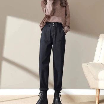 Dvojité Tlačidlo Rovné Denim Street Style Nohavice Na Jar Vysoký Pás Voľné Hárem Džínsy Pre Ženy Módne Čierne Marhuľový Žena Nohavice