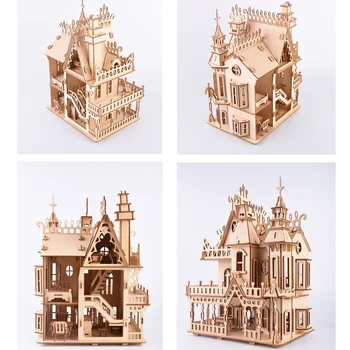 Drevené 3D DIY domček pre bábiky Villa s miniatúrne zostavy nábytku Vzdelávacie Montáž hračky, darčeky pre deti detský Vianočný