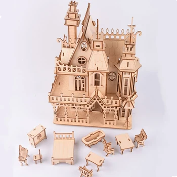 Drevené 3D DIY domček pre bábiky Villa s miniatúrne zostavy nábytku Vzdelávacie Montáž hračky, darčeky pre deti detský Vianočný