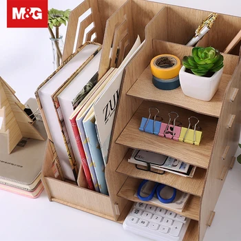 M&G DIY Drevené Dokument Zásobník Ploche Multifunkčné Úložný Box Pero Ceruzka Súbor Držiteľ kancelársky Stôl Organizátor Školské potreby
