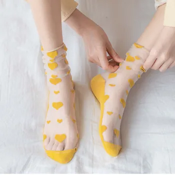 2020 Lete Nové Transparentné Sklo, Hodváb Ponožky Malé Čerstvé Ženské Srdce Vzor Ultratenké Módne Transparentné Láska Krátke Ponožky
