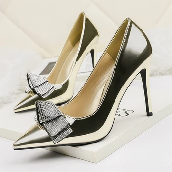 Dievča topánky luxusné vysoké podpätky, topánky, módne crystal luk plytké listov striebro zlato Žena svadobné slip na čerpadlá zapatos mujer34-40