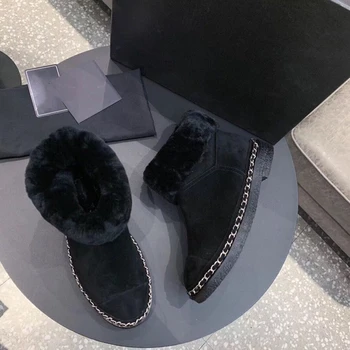 Prowow Klasické kožené čižmy baránok vlna snehu topánky Wild reťazca čižmy Originálne Kožené čižmy Zapatos Mujer