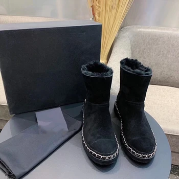 Prowow Klasické kožené čižmy baránok vlna snehu topánky Wild reťazca čižmy Originálne Kožené čižmy Zapatos Mujer