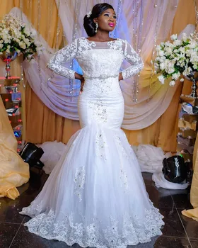 2021 Afriky Nigérijský Čipky Morská víla Svadobné Šaty Nášivka Dlhé Rukávy Korálky Sequined Svadobné Šaty Svadobné svadobné Šaty