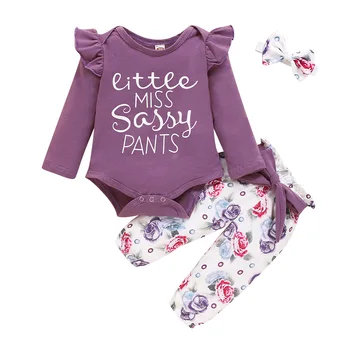 3KS Baby Dievčatá Oblečenie na Jeseň Vyhovuje Dlhý Rukáv Jumpsuit +Kvet Obväz Dlhé Nohavice +hlavový most Oblečenie 0-24Months