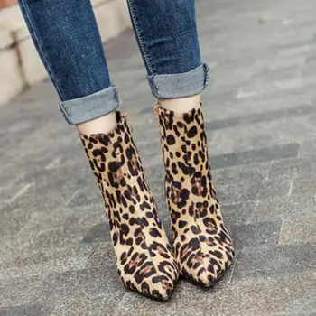 Členková Topánka Ženy Ukázal Prst 10 cm Vysokým Podpätkom Tenké Podpätky Leopard Členková Obuv Pre Ženy