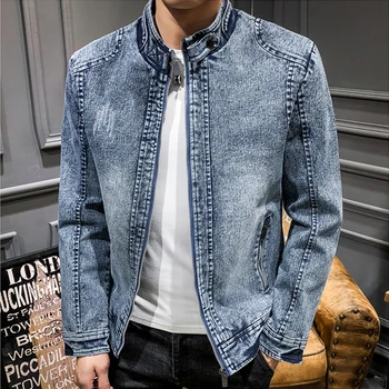 Európsky Štýl 2018 Nové Módne Vintage Umyté Muž Zips Denim Jacket Mužov Jean Modrá Sivá