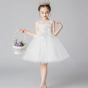 Letné Biela Kvetina Princezná Dievča Šaty Svadobné Party Čipky Výkon Narodeniny Deti Oblečenie Večierok Elegantné Šaty, Kostým