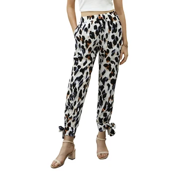 Hot predaj Lete a na Jeseň nové produkty ženy šaty Leopardí vzor vytlačené voľné krajky-up bežné nohavice 2825