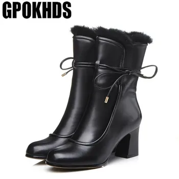 GPOKHDS 2019 ženy členková obuv krava kožené zimné králik vlasy farba čierna čipka štvorcové prst zipsy vysoké podpätky ženské topánky