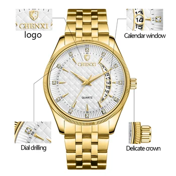 CHENXI Mužov Zlaté Hodinky z Nerezovej Ocele Kalendár náramkové hodinky Quartz Mužov Luxusné Obchodné Hodinky Relogio Masculino reloj hombre