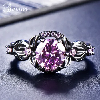 Bamos Pink/Black/Purple Zirkón Kameň Krúžok Farebné Leaf Prst Prsteň Pre Ženy, Mužov Čierneho Zlata Plné Ststement Šperky Najlepší darček