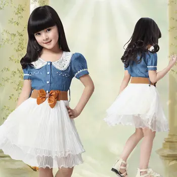 Letné šaty 2016 dievča šaty Princezná Strany Čela Deti džínsové šaty detské oblečenie