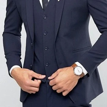 Námornícka Modrá Svadobné Obleky Pre Mužov Najlepší Muž Sako Tuxedos Ženícha 3 Kusy Podnikania Muži Obleky Terno Masculino (Bunda+Nohavice+Vesta）