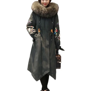 Dole bavlna kabát Ženy kórejský dlho, nové zimné pás bavlnená Bunda dámske Výšivky s Kapucňou Kožušiny golier kabáta Bundy Príliv A933
