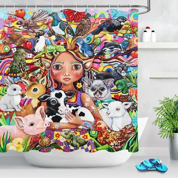 Divoké Zvieratá, Maľovanie Sprchový Záves pre Deti Kúpeľňa Cartoon Dizajn, Farebné Zoo Nepremokavé Vaňa Opony Umenie Vaňou Dekor