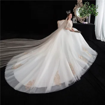 Svadobné Šaty 2021 Nové Elegantné Polovičný Rukáv Svadobné Šaty Vestido De Noiva Šampanské Výšivky S Vlakom Princezná Nevesta Zdobiť