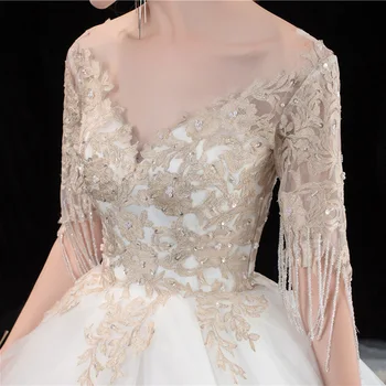 Svadobné Šaty 2021 Nové Elegantné Polovičný Rukáv Svadobné Šaty Vestido De Noiva Šampanské Výšivky S Vlakom Princezná Nevesta Zdobiť