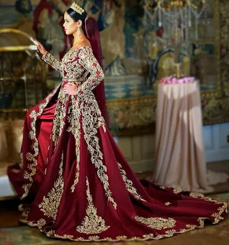 Nové Arabčina Tradičné Burgundsko Svadobné Šaty Čipky Appliqued Dlhé Rukávy Svadobné Šaty Župan De Soirée Mariage De