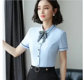 Nové elegantné motýlik tričko letné módy formálne krátky rukáv slim šifón blúzky office dámy práce plus veľkosť topy oranžová, modrá