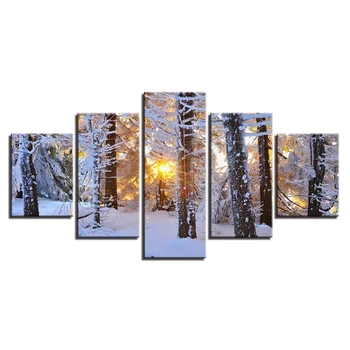 Moderný 5 Kusov Domova Obrázky Sunrise Strom Snowfield Zimná Krajina Plátno na Maľovanie Tlač Plagátu pre Obývacia Izba Dekor