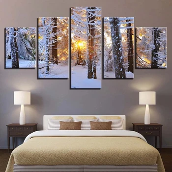 Moderný 5 Kusov Domova Obrázky Sunrise Strom Snowfield Zimná Krajina Plátno na Maľovanie Tlač Plagátu pre Obývacia Izba Dekor