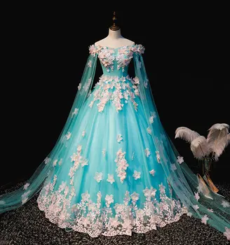 Reálne sky blue pink výšivky hodvábu kvetov súd stredoveké šaty renesancie Šaty kráľovnej Viktórie/Marie/ Belle/dráma/plesové šaty