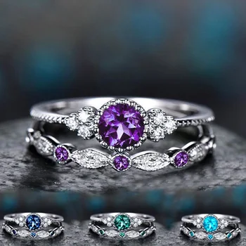 2ks/Set Luxusný Zelený Modrý Kameň Crystal Prstene Pre Ženy Podiel Farby, Svadobné Šperky, Zásnubné Prstene