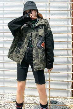 Thajsko príliv značky kamufláž šitie sequined denim jacket žena voľné bf vietor hip-hop pekný bežné bunda na jeseň