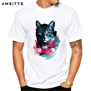 Najnovšie 2019 Akvarel Cat T-Shirt pánske Galaxy Zvierat Vytlačené T Shirt Letná Novinka Samec Krátky Rukáv Základné Topy Čaj