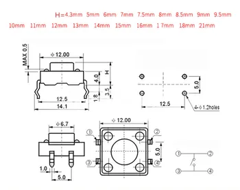 50Pcs/Veľa 12*12*15 mm 12x12x15MM Dotknite sa Tlačidla Micro Switch Priame Plug-in Self-reset 12*12*15 tlačidlá tlačidlo DIP 4PIN 12*12*15