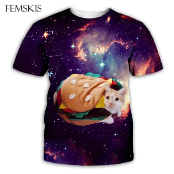 FEMSKIS Galaxy Priestor 3D T-shirt Cute Cat Pizza Pre Mužov, Žien Harajuku Tričko Krátke Rukávy Košele Zábavné Letné Oblečenie