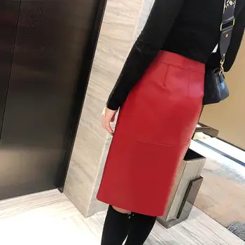 Jar, Jeseň ovčej Originálne kožené sukne ženy black red sexi štíhly pás package hip OL žena midi Split koža sukne