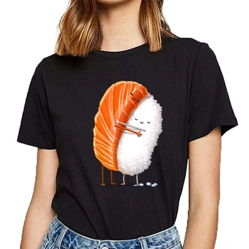 Topy T Shirt Ženy sushi objať Základné Čierne Bavlnené Tričko Žena