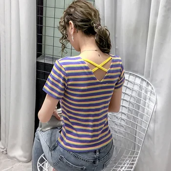 Ženy Tričko Harajuku Pruhované tričko Ženy Krátke Sleeve T-shirt Lete Roku 2020 Bavlna Slim Top