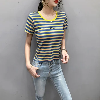Ženy Tričko Harajuku Pruhované tričko Ženy Krátke Sleeve T-shirt Lete Roku 2020 Bavlna Slim Top