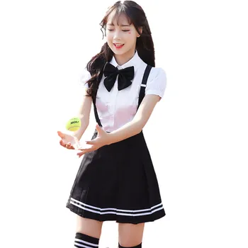 Japonský Školské Uniformy Nastaviť Ženy Letné Krátke Seeve Biele Tričko + Čierna Sukňa + Luk Kórejských Študentov Jednotné Oblečenie Pre Dievčatá