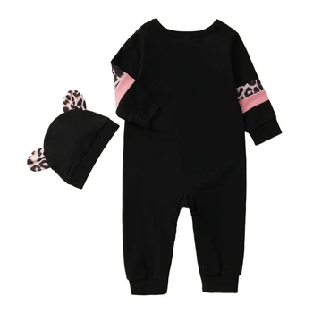 Baby, Dievčatá, Chlapcov Jeseň Oblečenie Deti Šitie Leopard Tlač Farby Zodpovedajúce Kolo Krku Jumpsuit+Klobúk 2 ks Oblečenia Set Hot