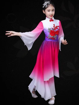 Deti hanfu klasická yangko tanečné kostýmy dievčatá elegantné Čínskych fanúšikov tanečné predstavenie oblečenie, detské tanečné kostýmy