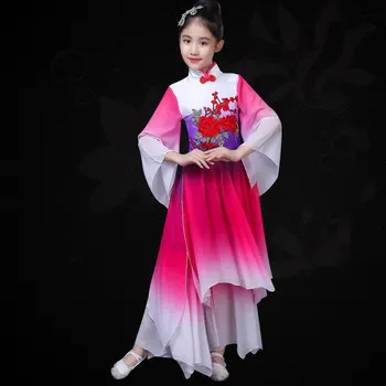 Deti hanfu klasická yangko tanečné kostýmy dievčatá elegantné Čínskych fanúšikov tanečné predstavenie oblečenie, detské tanečné kostýmy