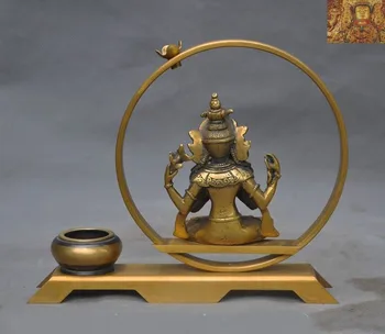 Svadobné dekorácie Tibetský Budhizmus bronz 4 Zbraní Chenrezig Tara socha Späť kadidlo horák Lopatku