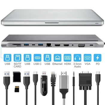 12-v-1, USB Typ-C Hub Adaptér USB 3.0 Port Notebooku Dokovacej Stanice, HDMI, VGA RJ45 SD TF Kariet USB HUB pre Notebooky Nové