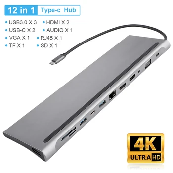 12-v-1, USB Typ-C Hub Adaptér USB 3.0 Port Notebooku Dokovacej Stanice, HDMI, VGA RJ45 SD TF Kariet USB HUB pre Notebooky Nové