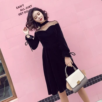 2019 ženy oka šaty jeseň zima ženy dlhým rukávom kórejský elegantné čierne tvaru šaty Vestido sexy party šaty žena H103