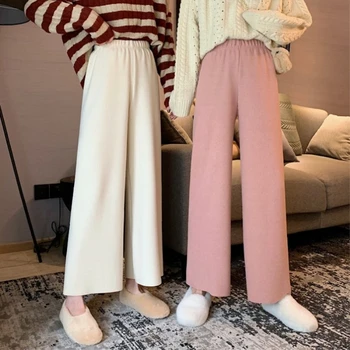 Širokú nohu nohavice pre ženy 2020 Jeseň zima streetwear ženy kórejský štýl, módne ružová vysoký pás voľné zosilnené vlnené nohavice